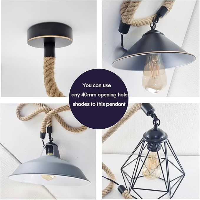 LEDSone Farmhouse Vintage Hemp Rope Pendant Light Hemp Rope Adjustable Ceiling Hanging Pendant Light E26 Base Industrial Hemp Rope Retro Pendant Lighting Fixture for Dining Room Kitchen (Pack of 3)