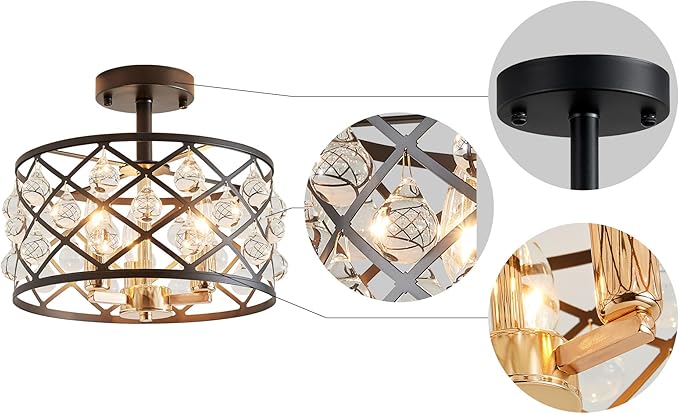 AGV LIGHTING CH013BB Farmhouse Semi Flush Mount Ceiling Light Fixture, E12 Base 3-Lights, D13 x H12, Matte Black & Light Gold Finish
