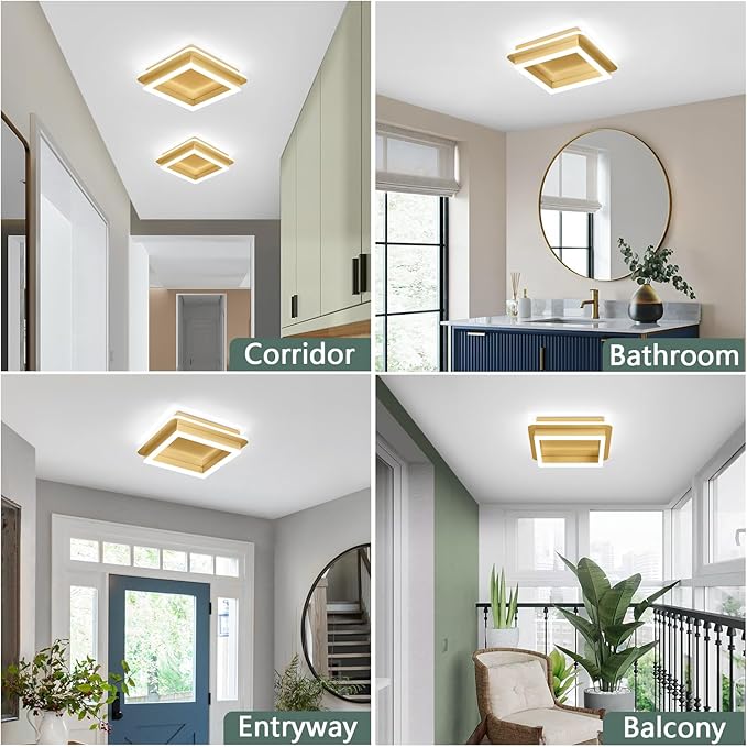 CANEOE Square LED Hallway Ceiling Light, Gold Modern Led Ceiling Light Fxitures, 6000K Cold White Small Flush Mount Ceiling Lamp for Hallway Bedroom Kitchen Balcony Cloakroom
