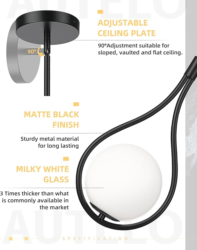 AUTELO Black Pendant Lights Kitchen Island, 1-Light Pendant Lights with Milky White Globe Glass, Modern Pendant Light Fixtures, Black Hanging Lamp for Kitchen Island H9377 MGBK