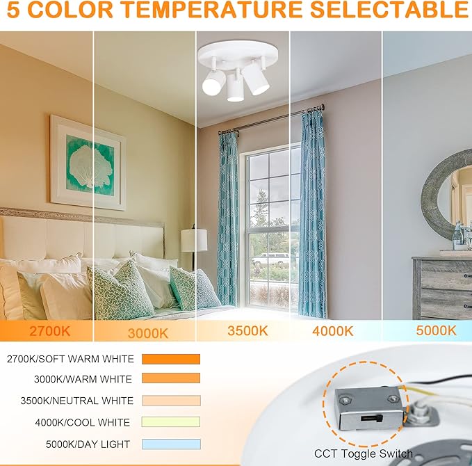 CLOUDY BAY 5CCT 3 Light Directional Ceiling Spotlight,Dimmable LED Track Light Heads,CRI90+,2100Lm for Hallway Kitchen Art,White