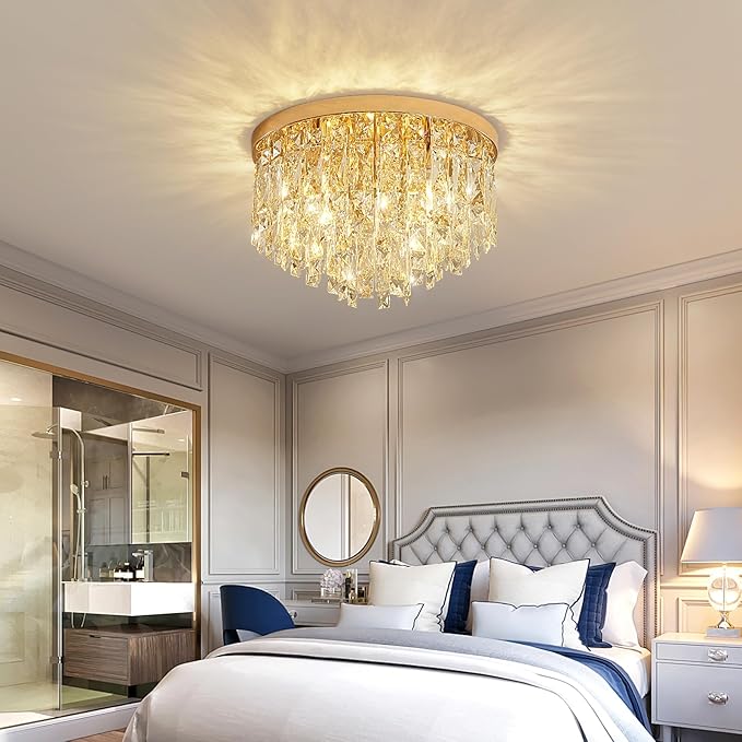 YMP&YZX Crystal Ceiling Light Fixture Flush Mount,15.7" French Gold Modern Crystal Chandelier with E12 Base Ceiling Lights for Bedroom Living Dining Room Hallway Closet Light Fixture 5-Light