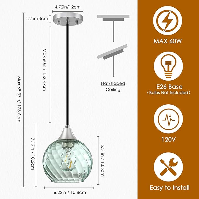 Pendant Lights Kitchen Island,3 Pack Farmhouse Pendant Lights,Green Striped Swirl Globe Glass Pendant Light Fixtures,Mini Island Lights For Kitchen,Modern Hanging Light Fixture With Adjustable Height