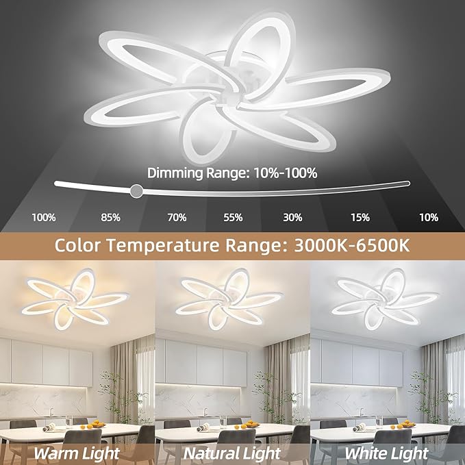 Modern LED Light, 6+1 Rings 93W Dimmable Fixture 29.5" 3000K-6500K Flush Mount White Flower Ceiling Lamp with Remote for Living Room, Bedroom, Kitchen