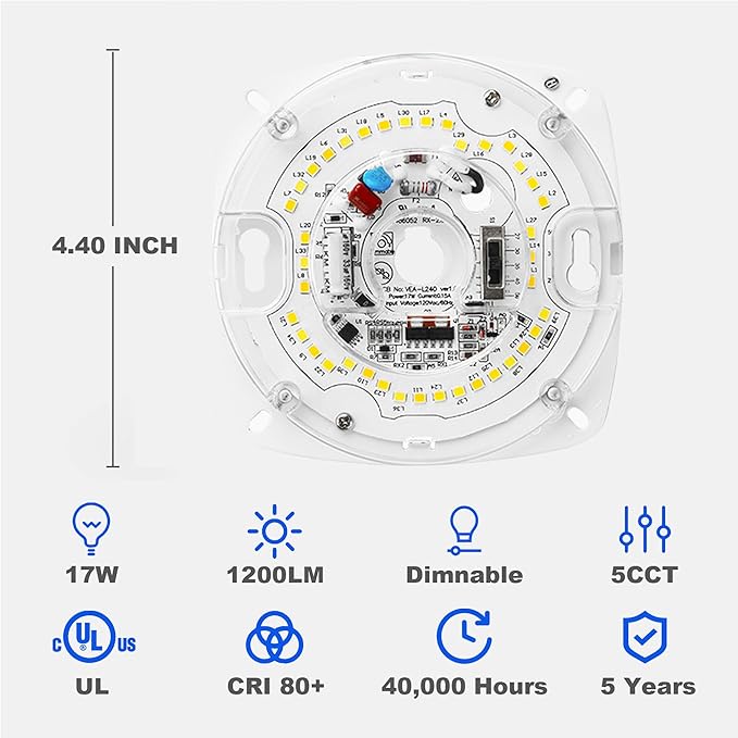 4" Round Dimmable LED Light Engine, CCT Selectable 2700K–5000K, 17W 120V, 80CRI, TRIAC Dimming, 4" PCB (5.39" Overall), Retrofit Kit for Ceiling Light Fixtures