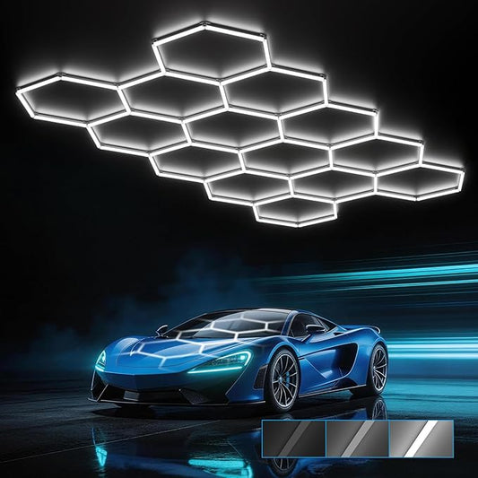HYPERLITE Gen 2 Hexagon Garage LED Light, Upgraded 3 Level Dimmable 399W 39900LM Super Bright Garage Detailing Lights, 14 Grids Hex Shop Lights, Hexagon LED Lights for Basement, Car Detailing, Gym