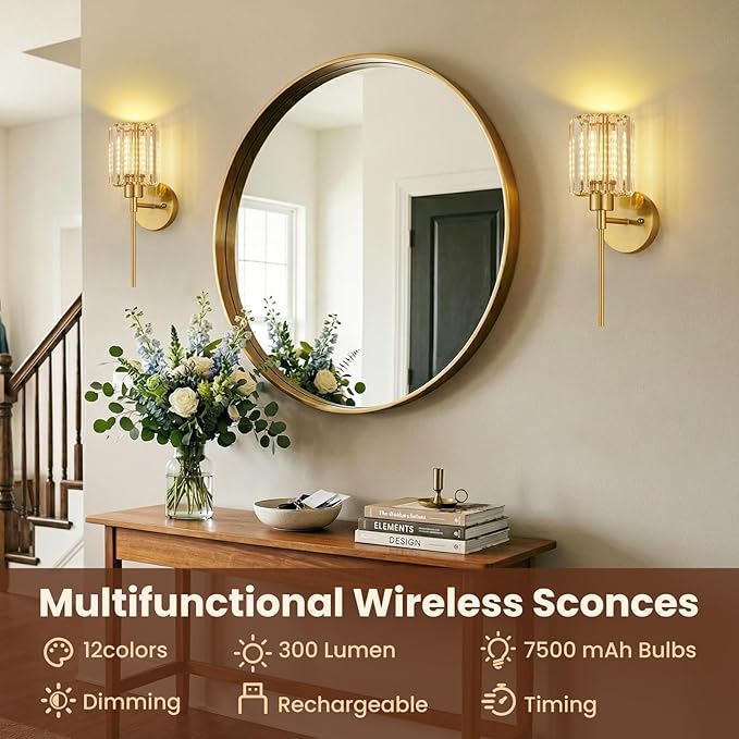 Crystal Battery Operated Wall Sconces, Brushed Gold Rechargeable Wireless Wall Sconce Lights with Dimmable Bulbs and Remote, 12 Colors and 3CCT Dimmable Crystal Lamps for Living Bedroom, 3000~6000K