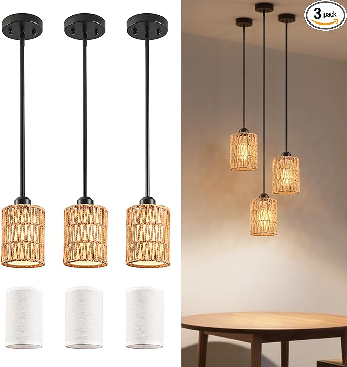 Rattan Pendant Light – 6 Inch 2-in-1 Boho Hanging Fixture with Iron Rods & Linen Shade, Adjustable Height & Sloped Ceiling Compatible for Kitchen Island Dining Room Farmhouse Bedroom, 3 Pack