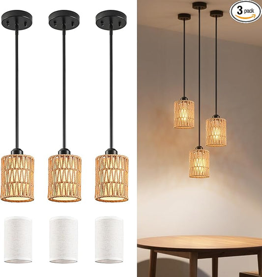 Rattan Pendant Light – 6 Inch 2-in-1 Boho Hanging Fixture with Iron Rods & Linen Shade, Adjustable Height & Sloped Ceiling Compatible for Kitchen Island Dining Room Farmhouse Bedroom, 3 Pack