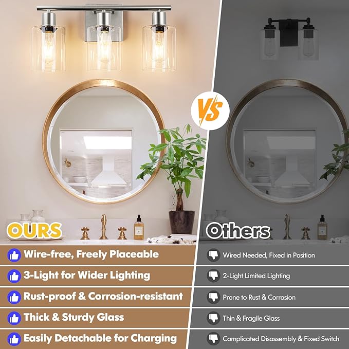Battery Operated Wall Sconce, 3-Light Dimmable Rechargeable Vanity Light Fixture with Remote & Bulbs, 3-Light Silver Wireless Indoor Non-Hardwired Wall Lamp for Bedroom, Living Room, Cabinet, Porch