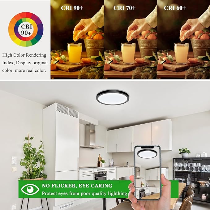 LED Flush Mount Ceiling Light Fixture, 24W 12Inch 3000K/3500K/4500K/5000K/6500K 5 Color Changeable 2880LM Low Profile Ceiling Light for Bedroom, Living Room, Dining Room, Hallway Black