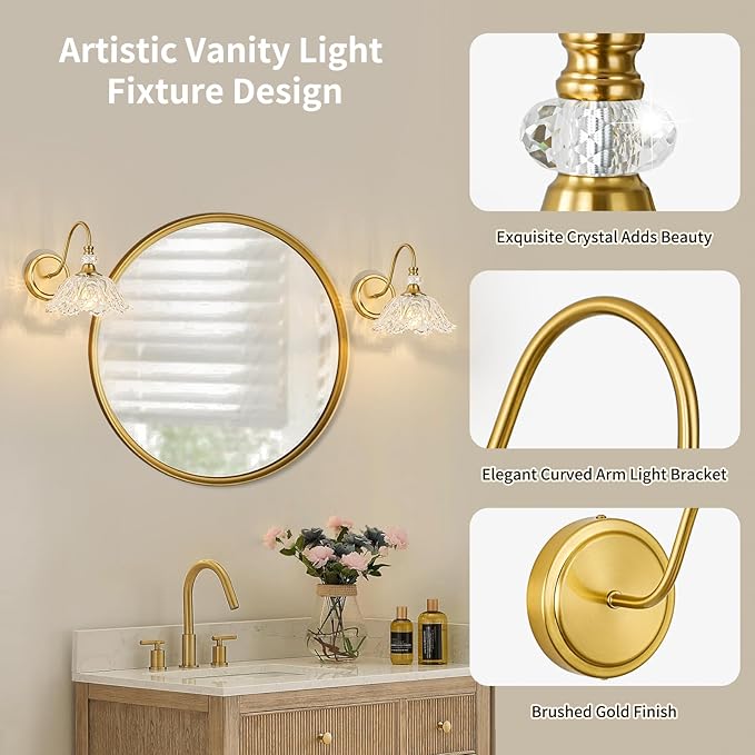 1 Piece Gold Wall Sconce with Floral Clear Glass Shade, Brushed Gold Finish Wall Mount Lighting for Bathroom,Vintage Bathroom Vanity Light Fixtures