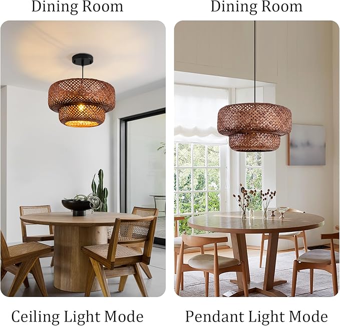 Dark Curry Bamboo Pendant Light,Boho Rattan Hanging Light,13.78" Hand Woven Wicker Chandelier for Kitchen Island for Kitchen Island Dining Bedroom Living Room Restaurants