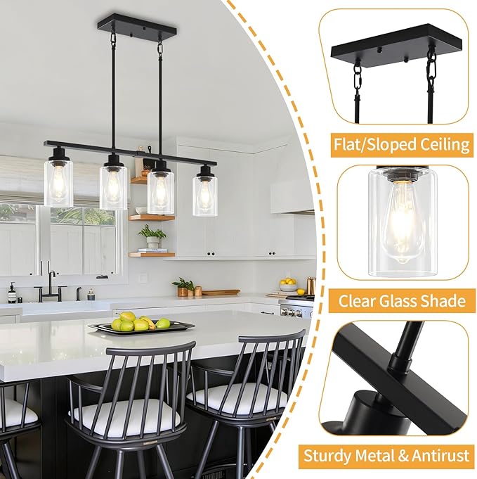 Modern Island Lights for Kitchen Black Dining Room Light Fixtures Over Table 4-Light Farmhouse Linear Chandelier Adjustable Hanging Kitchen Lights Ceiling Clear Glass Pendant Lighting Over Island