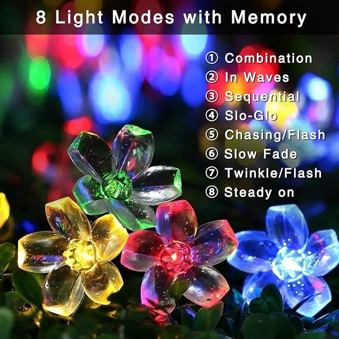 JMEXSUSS Solar String Lights Outdoor Waterproof, 2 Pack Each 30.6FT 50LED Cherry Blossoms Christmas Light, Solar Flower Lights for Garden Patio Yard Tree Party Decorations, Multicolored
