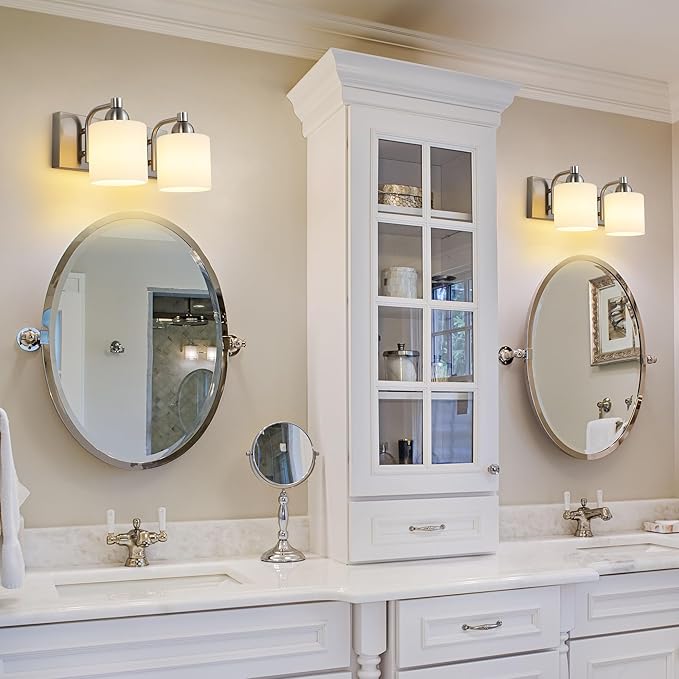 Mecgirn Stainless Steel Milk Glass Vanity Lights for Bathroom, 2 Light Brushed Nickel Bathroom Light Fixtures Over Mirror, Ceramic E26 Sockets Wall Mounted
