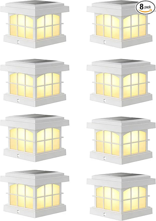 PARTPHONER RGBCW Solar Post Cap Lights 8-Pack, 9 Colors 3 Modes Fence Cap Lights, Bright Solar Outdoor Waterproof LED Deck Lighting for Fence Garden Deck Patio Porch Decor 4x4 Vinyl/Wood, White