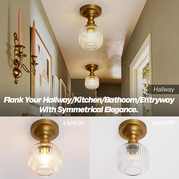 Modern Schoolhouse Semi Flush Mount Ceiling Light with Clear Ribbed Glass Lampshade, Industrial Close to Ceiling Light Fixture for Farmhouse Bedroom Entryway Stairs