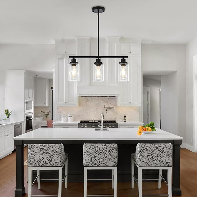 Modern Island Lights for Kitchen Black Dining Room Light Fixtures Over Table 3-Light Farmhouse Linear Chandelier Clear Glass Kitchen Lights Ceiling Adjustable Hanging Pendant Lighting Over Island
