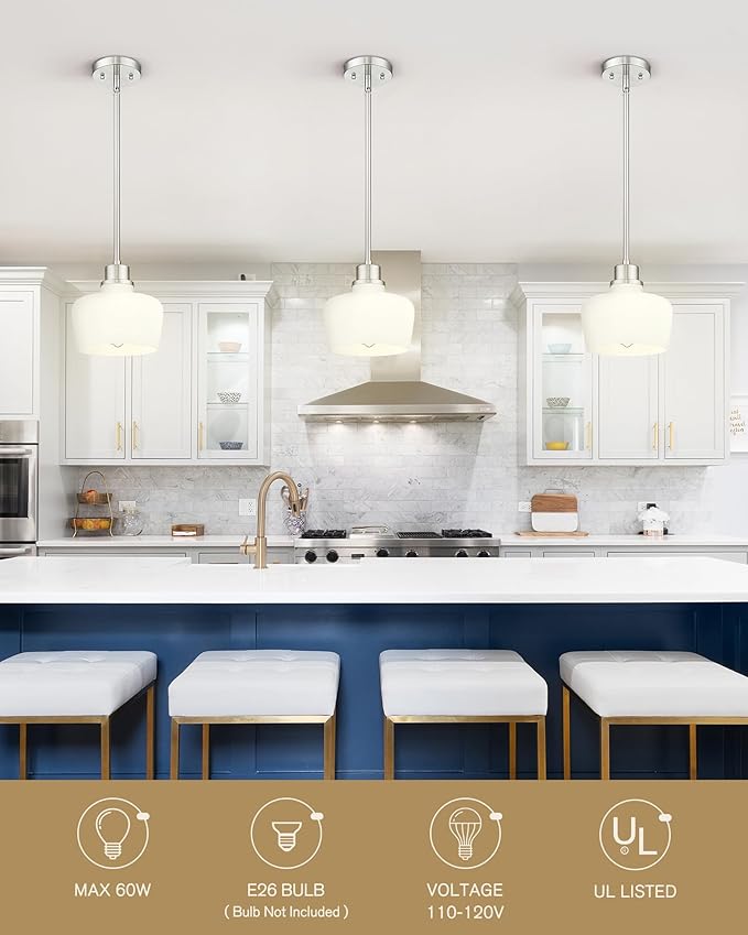 Emak Pendant Lights Kitchen Island with Milk Glass Shade, Modern 8 Inch Brushed Nickel Pendant Light Hanging Lights for Kitchen Island, Dining Room, Bathroom, Bedroom, PL122-BN-ML