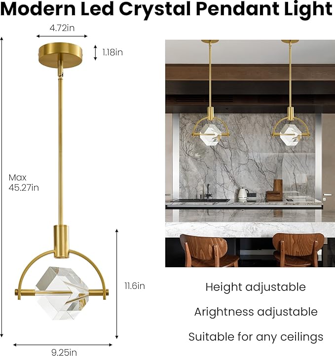 Modern Crystal Led Pendant Light: Semicircle K9 Crystals Hanging Lighting Over Kitchen Island - Brushed Gold Dimmable Pendants Light - Contemporary Pendant Lights Fixture for Sink Bedroom Bathroom