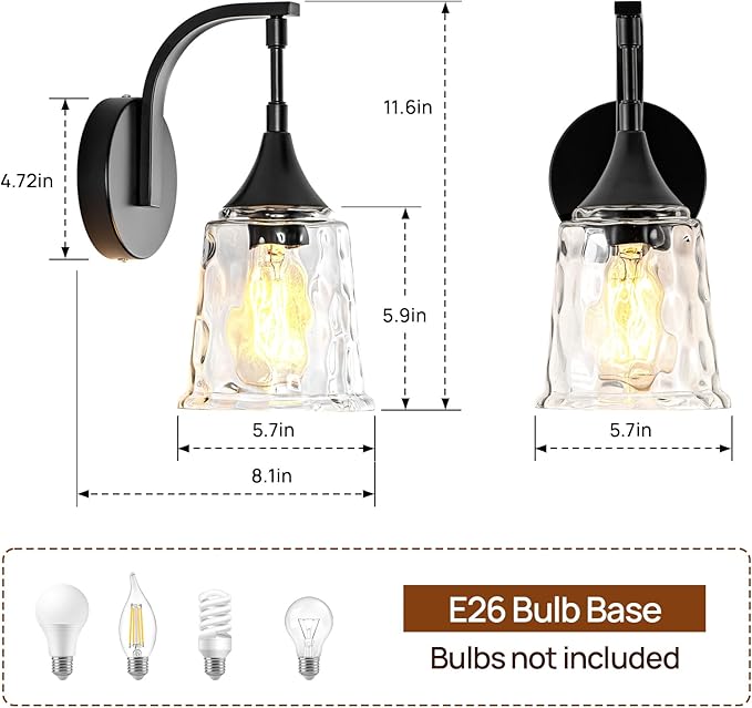 Black Wall Sconce，Modern Bathroom Wall Sconce Lights with Clear Glass Shade, Farmhouse Vanity Light Fixtures for Bedroom Mirror Hallway Entryway