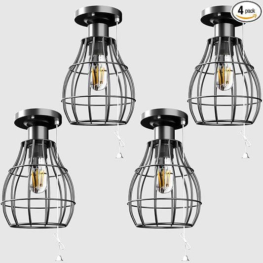 Lightdot 2Pack Flush Mount Ceiling Light with Pull Chain Farmhouse Industril LED Light Fixture for Closet Metal Cage Pull String Light Fixture for Laundry, Bedroom, Hallway