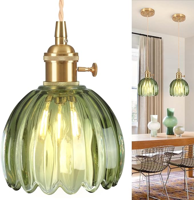 Pendant Light Fixtures,Mini Hanging Lights Green Glass Vintage Pendant Light 5.1Inch E26 Hanging Light Adjustable Hanging Light for Bedroom Living Room Hallway