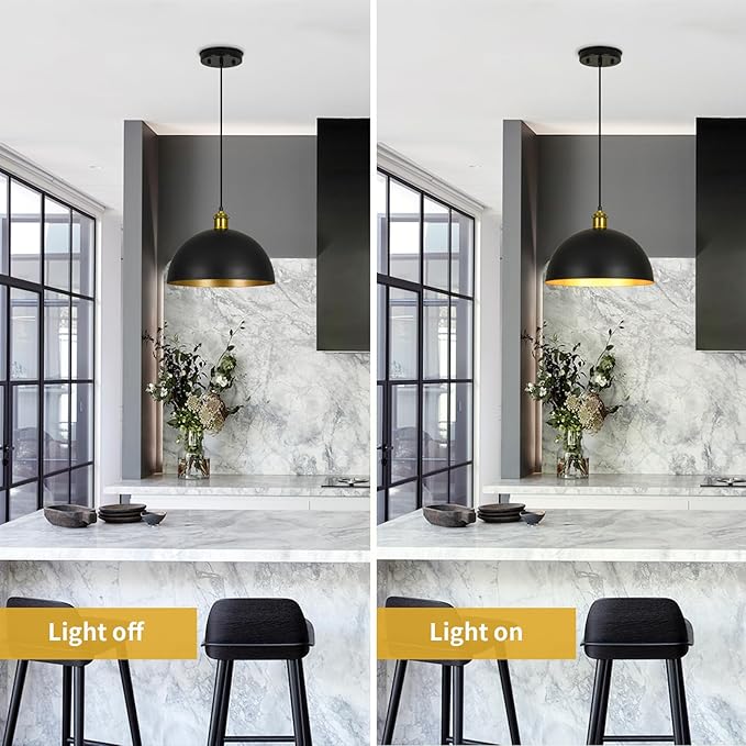 Pendant Lights Kitchen Island - 12-Inch Farmhouse Dome Hanging Light Fixture, Black and Gold Industrial Ceiling Light Adjustable Kitchen Pendant Lighting for Dining Room, Bedroom, Living Rooms