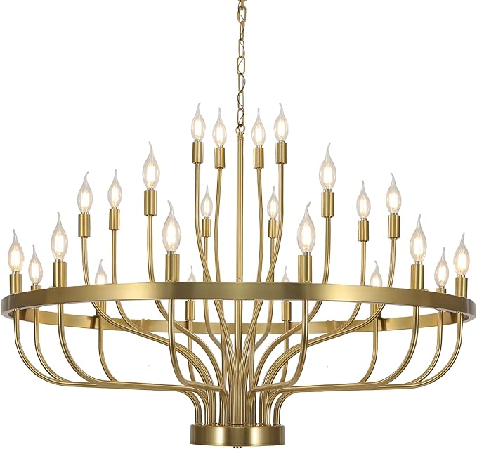 Shandaglo Gold Chandelier 24 Light Large Chandelier for High Ceilings, Farmhouse Wagon Wheel 39in 3-Tier for Dining Room, Hallway, Living Room, Foyer