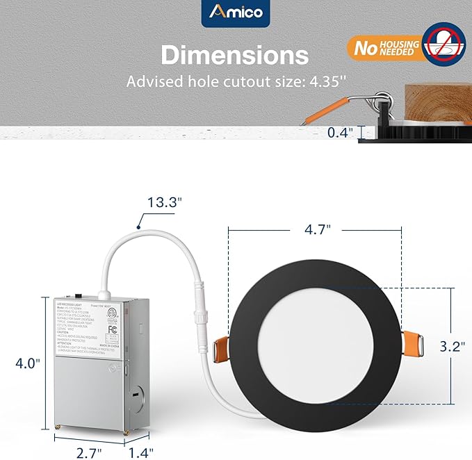 Amico 4 Pack 4 Inch Black 5CCT Ultra-Thin LED Recessed Light with Junction Box, 2700K/3000K/3500K/4000K/5000K Selectable, 10W Eqv 60W 800LM Dimmable Canless Wafer Downlight, ETL & FCC