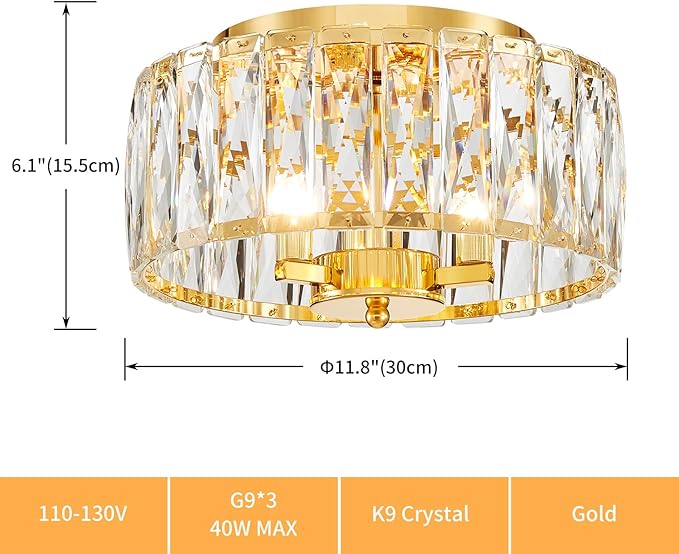Crystal Ceiling Light, 3-Light Modern Flushmount Ceiling Light for Living Room, Dinning Room Hallway, D12xH9inch, Gold Finish Frame & K9 Crystal