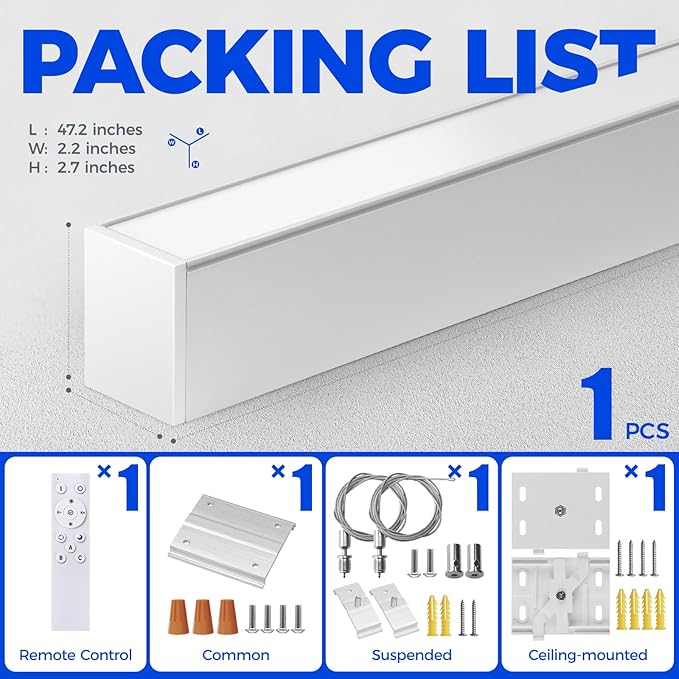 Barrina 5568 Remote Series 4FT LED Linear Light, 2nd-Generation, 45W Seamless Connection, 3000K-6000K Color Changing, Dimmable Hanging Office Shop Light Fixture with Remote Control, White, 1 Pack