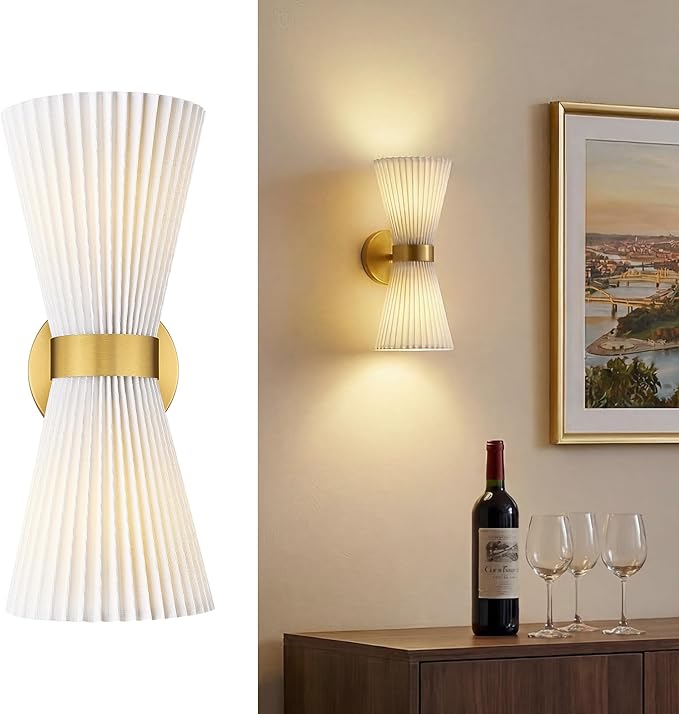 Wall Sconces Set of Two, HWH 14.3 Inch Gold Bathroom Light Fixtures with Milk White Striped Fabric Shade, Modern Wall Light fixtures for Living Room Bedroom, 5HZG97B-2W-2PK BG-FB