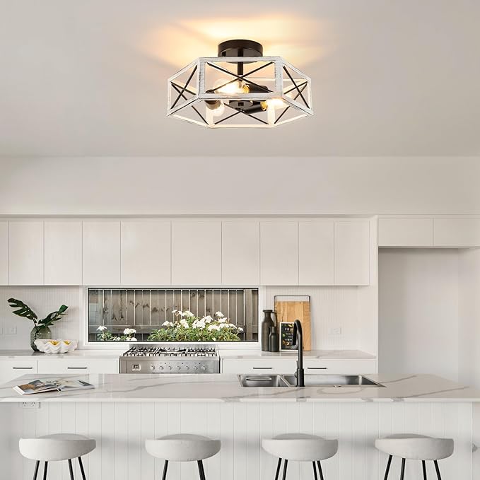 Wilon Modern Flush Mount 3-Light Industrial Kitchen Ceiling Lights - Farmhouse Style, Oak White, Rustic Finish for Bedroom Hallway Foyer