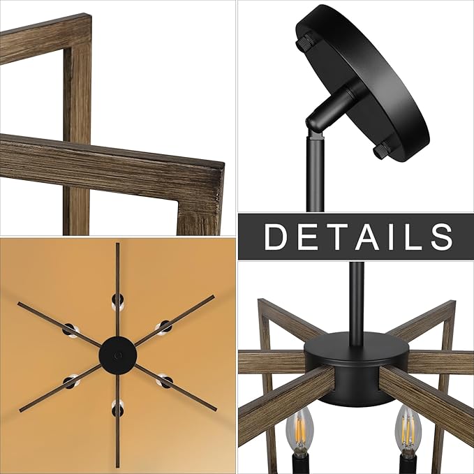 Klgxnrd 6-Light Modern Farmhouse Pendant Lights for Kitchen Island, Vintage Geometric Dining Room Lighting Hanging, Industrial Chandelier for Hallway Foyer, Retro Wood Texture and Black Finish