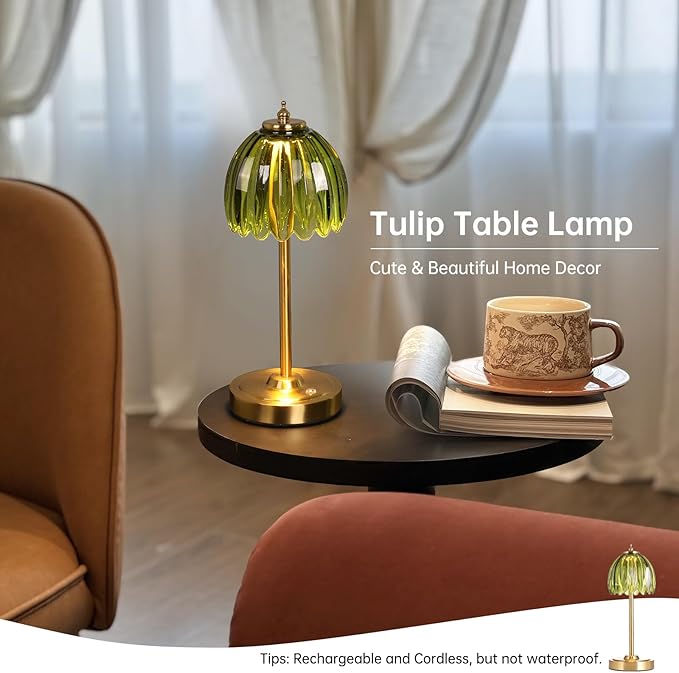 Shenmoyl Tulip Table Lamp with 5000mAh Battery & Touch Control, Cordless Table Lamp with 3 Colors, Dimmable Rechargeable Table Lamps for Bedroom, Nightstand, Living Room, Entryways (Green Tulip)