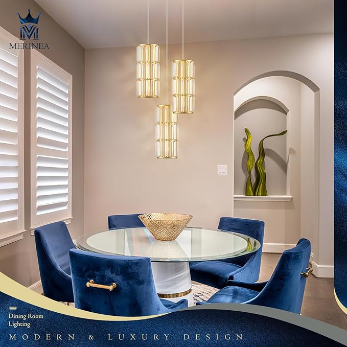 Gold Crystal Pendant Lights 3-Pack, Modern Mini Pendant Light Fixture with Adjustable Cord, Luxury Hanging Light for Kitchen Island, Dining Room, Bedroom, Hallway, Bar