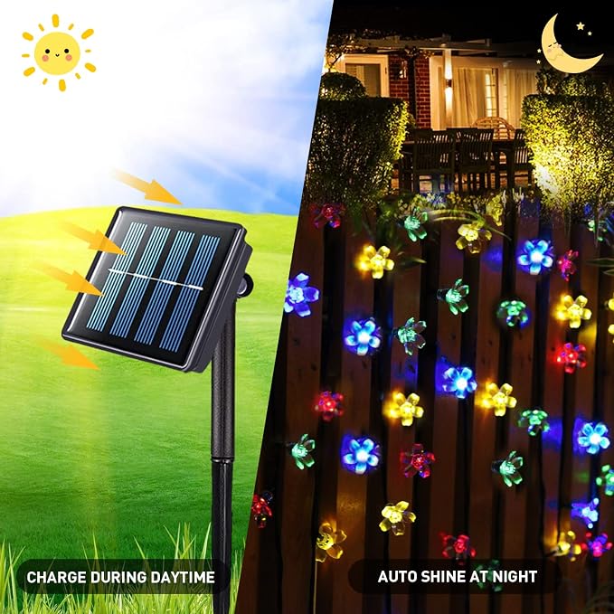 JMEXSUSS Solar String Lights Outdoor Waterproof, 2 Pack Each 30.6FT 50LED Cherry Blossoms Christmas Light, Solar Flower Lights for Garden Patio Yard Tree Party Decorations, Multicolored
