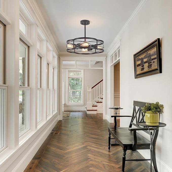 Black Semi Flush Mount Ceiling Lights, Sloped Dining Room Light Fixture Farmhouse Chandelier, Kitchen Island Pendant Lighting Adjustable Height for Entryway Hallway Foyer