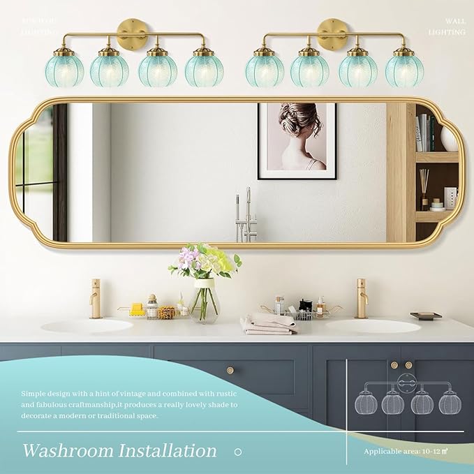 4 Light Gold Bathroom Lights Over Mirror, Vintage Wall sconces with Blue Glass Shade Bathroom Vanity Light mid Century Modern Wall Sconce Glass Wall Lighting Fixture for Bedroom Living Room