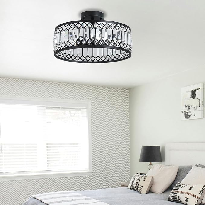 16" Black Crystal Ceiling Light, 3-Light Modern Semi Flush Mount Ceiling Light Fixture, Round Crystal Chandelier for Dining Room Bedroom Living Room Kitchen Hallway, E26 Sockets