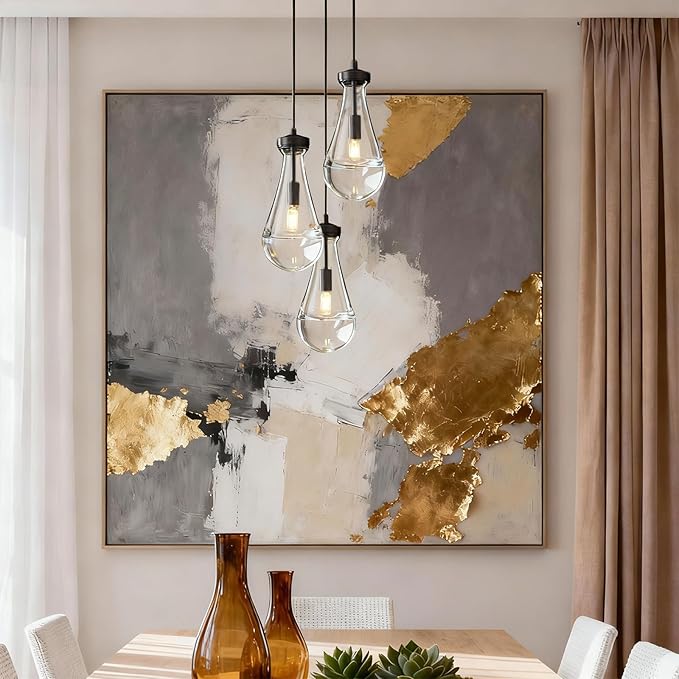 Raindrop Pendant Light Kithcen Island, Raindrop Chandelier Black Teardrop Pendant Lights with Adjustable Hanging Rope,Glass Pendant Light for Dining Room,Corridor (3-Light),Bulb Included