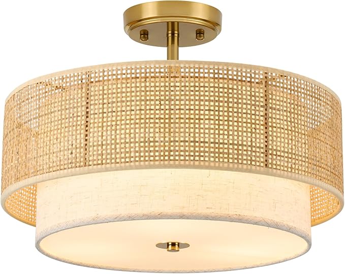 Semi Flush Mount Ceiling Light, 16" Gold Light Fixtures Ceiling Mount, 3-Light Boho Rattan Linen Drum Light Fixture, Modern Farmhouse Chandelier for Bedroom Entryway Living Room Hallway Foyer