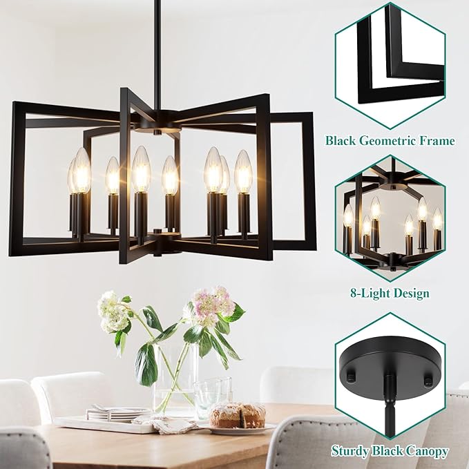 Bairth 8-Light Black Chandelier, Farmhouse Dining Room Light Fixture, Modern Chandelier, Geometric Industrial Metal Hang Lighting Fixture for Foyer Entryway Kitchen Over Table Hallway Living Room