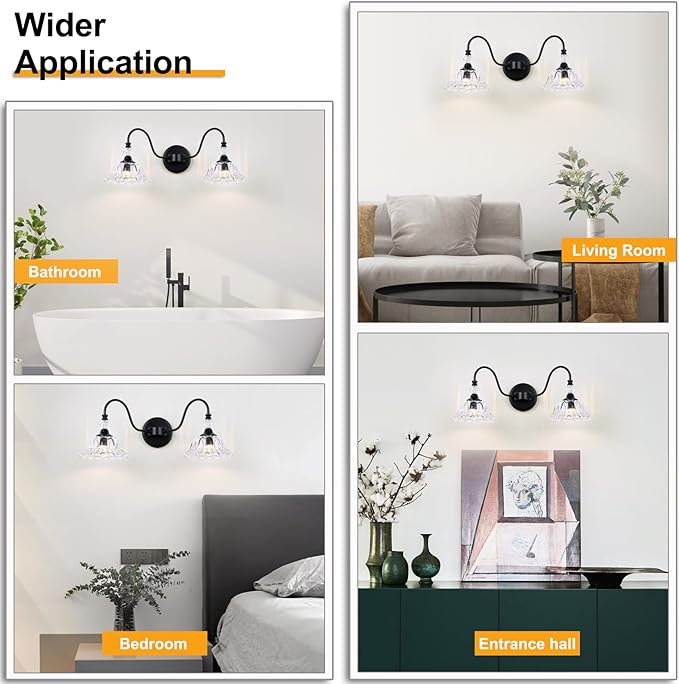Farmhouse Bathroom Vanity Light Fixtures 2 Lights Matte Black Vanity Lights for Bathroom with Floral Crystal Glass Shade Wall Lighting Fixtures Over Mirror(Exclude E26 Bulb)