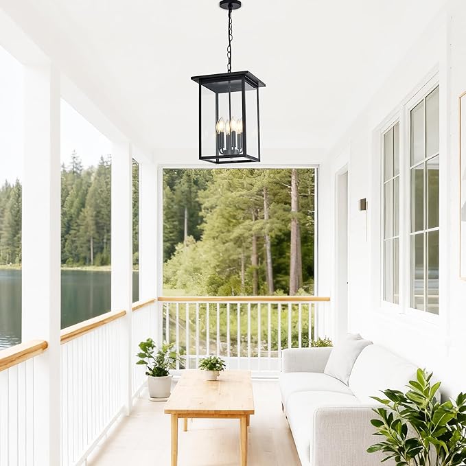 Outdoor Chandelier Modern Pendant Light,6 Light Black Exterior Ceiling Hanging Lanterns with Clear Glass, Farmhouse Outdoor Chandelier for Front Door Entry Patio, (Bulb Not Included)