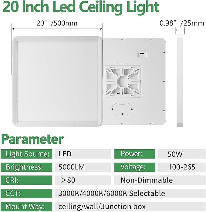2 Pack 20 Inch Large LED Flush Mount Ceiling Light, 45W, 4500LM, Selectable 3000K/4000K/6000K CCT, White Square Flat Panel Light, Low Profile, Fits Hallway, Kitchen, Bedroom, Laundry Room