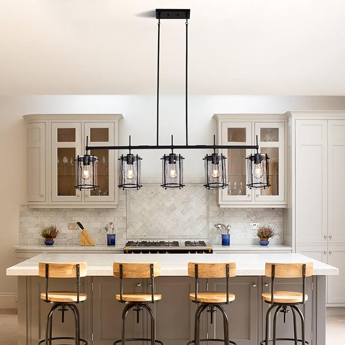 Farmhouse Linear Chandelier for Dining Room,Kitchen lsland Light Fixtures,5 Light Glass Chandeliers with Matte Black Finish,Height Adjustable L39.3”+W6.1”