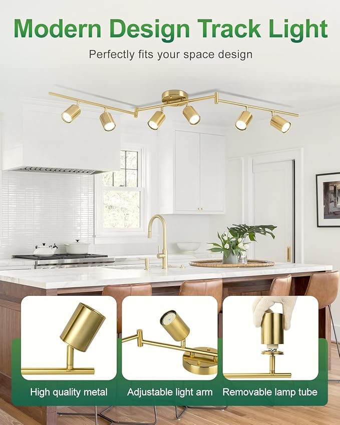 6 Ways Track Lighting, Rotatable Heads Tracks Light, Track Lightings Fixtures Ceiling with Foldable Arms, Brushed Gold Tracks Light for Kitchen, Living Room, Hallway(Bulbs Not Included)